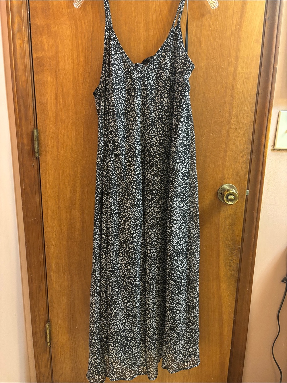 Black Floral Maxi Slip Dress with White Print - Women